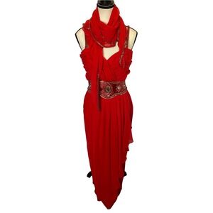 Vintage Niteline Red Beaded Embellished Maxi Dress Gown Size 8 Boho Gypsy Indie